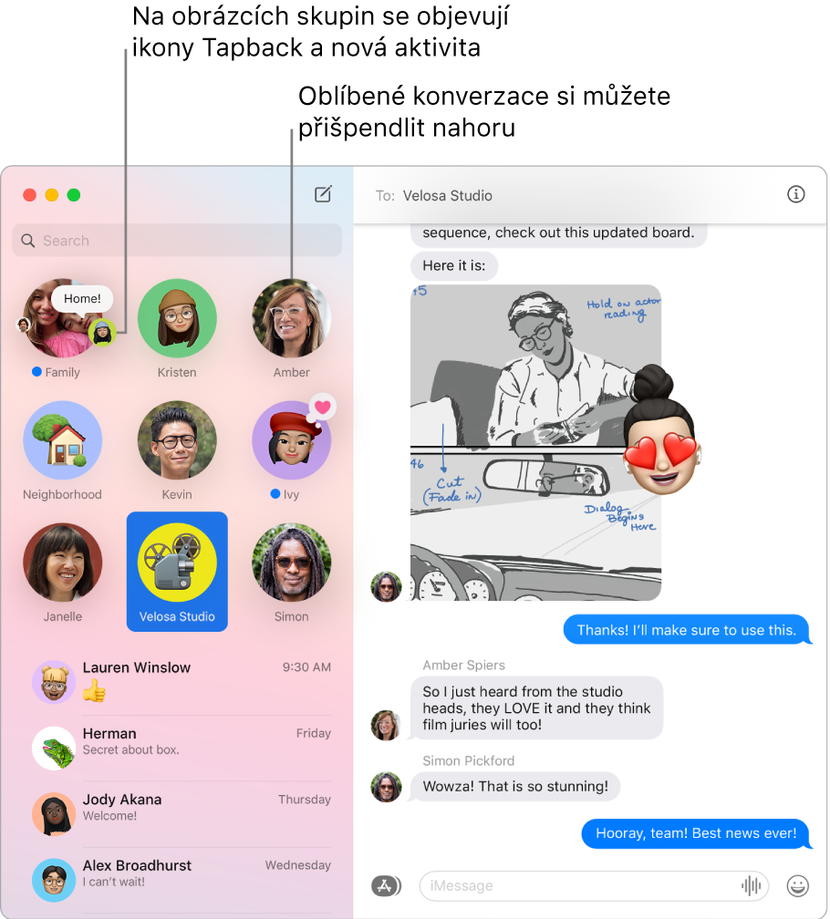 Okno Zprávy s přišpendlenými skupinovými konverzacemi v horní části levého sloupce