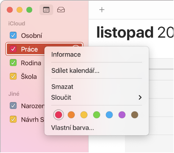 Nabídka zkratek Kalendáře s volbami pro přizpůsobení barvy kalendáře