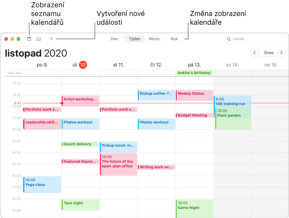 Okno aplikace Kalendář s popisky ukazujícími, kde můžete přidat událost, zobrazit seznam kalendářů nebo vybrat zobrazení Den, Týden, Měsíc či Rok