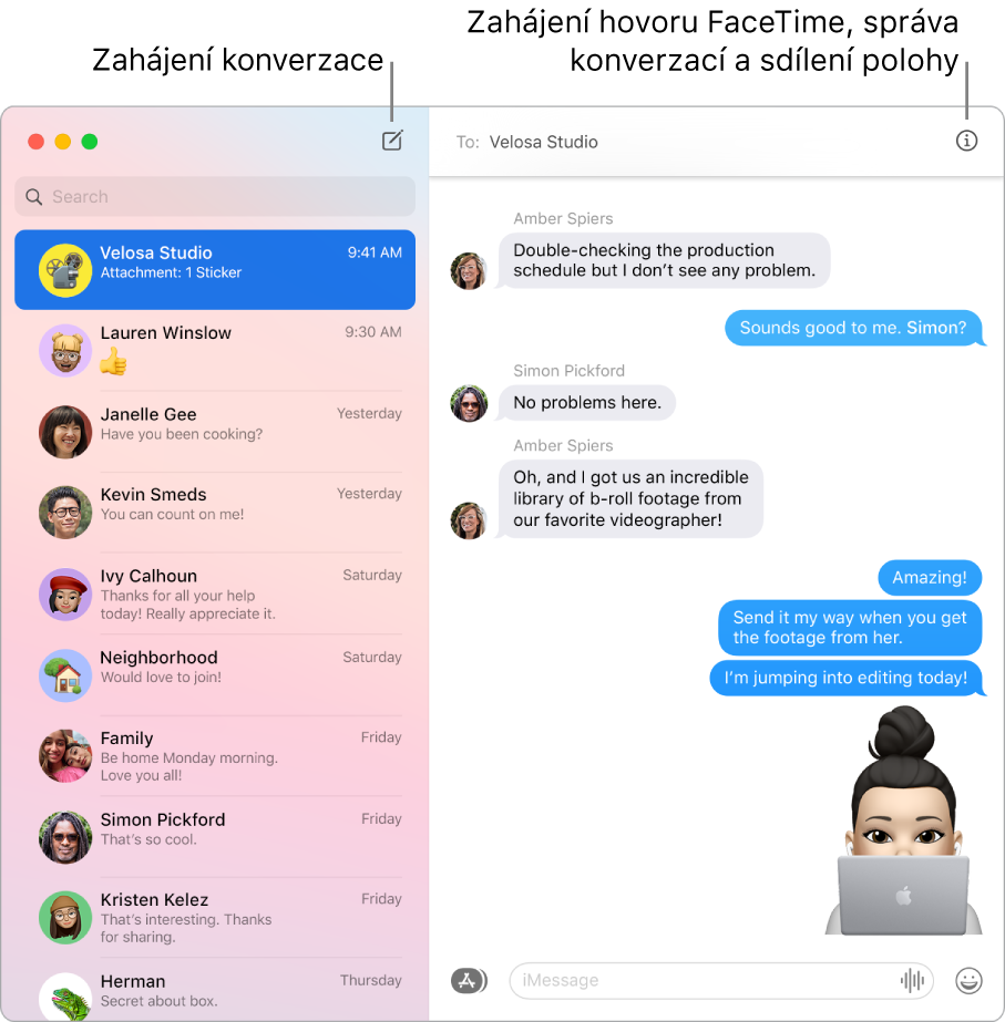 Okno Zprávy s informacemi o tom, jak zahájit konverzaci nebo hovor FaceTime