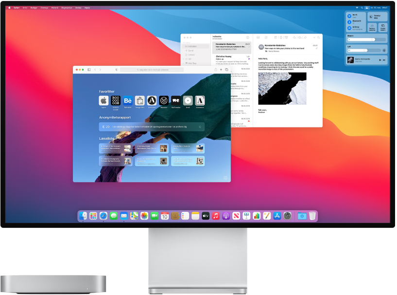 Mac mini ved siden af en skærm.