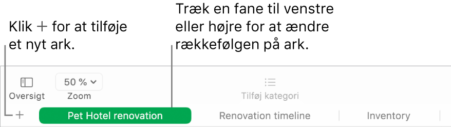 Et Numbers-vindue, der viser, hvordan du tilføjer et nyt ark og flytter rundt på ark.