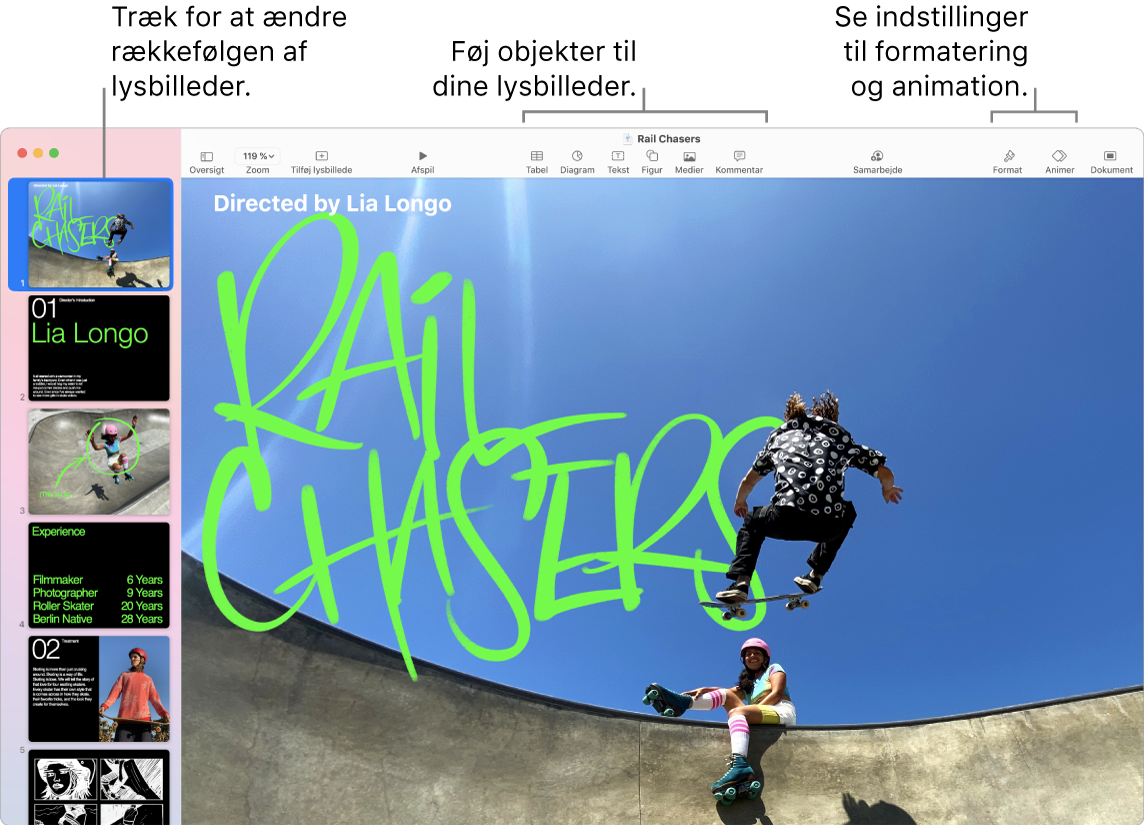 Et Keynote-vindue med lysbillednavigatoren til venstre, en anvisning på, hvordan du flytter rundt på lysbilleder, værktøjslinjen og dens redigeringsværktøjer øverst, knappen Samarbejd øverst til højre og knapperne Format, Animer og Dokument til højre.