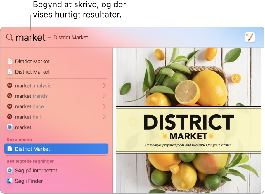 Spotlight-vinduet, der viser søgeresultater til venstre.