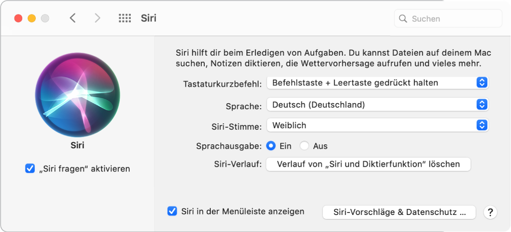 Das Fenster der Systemeinstellung „Siri“ mit aktivierter Option „‚Siri fragen’ aktivieren“ links und verschiedenen Optionen zum Anpassen von Siri rechts.