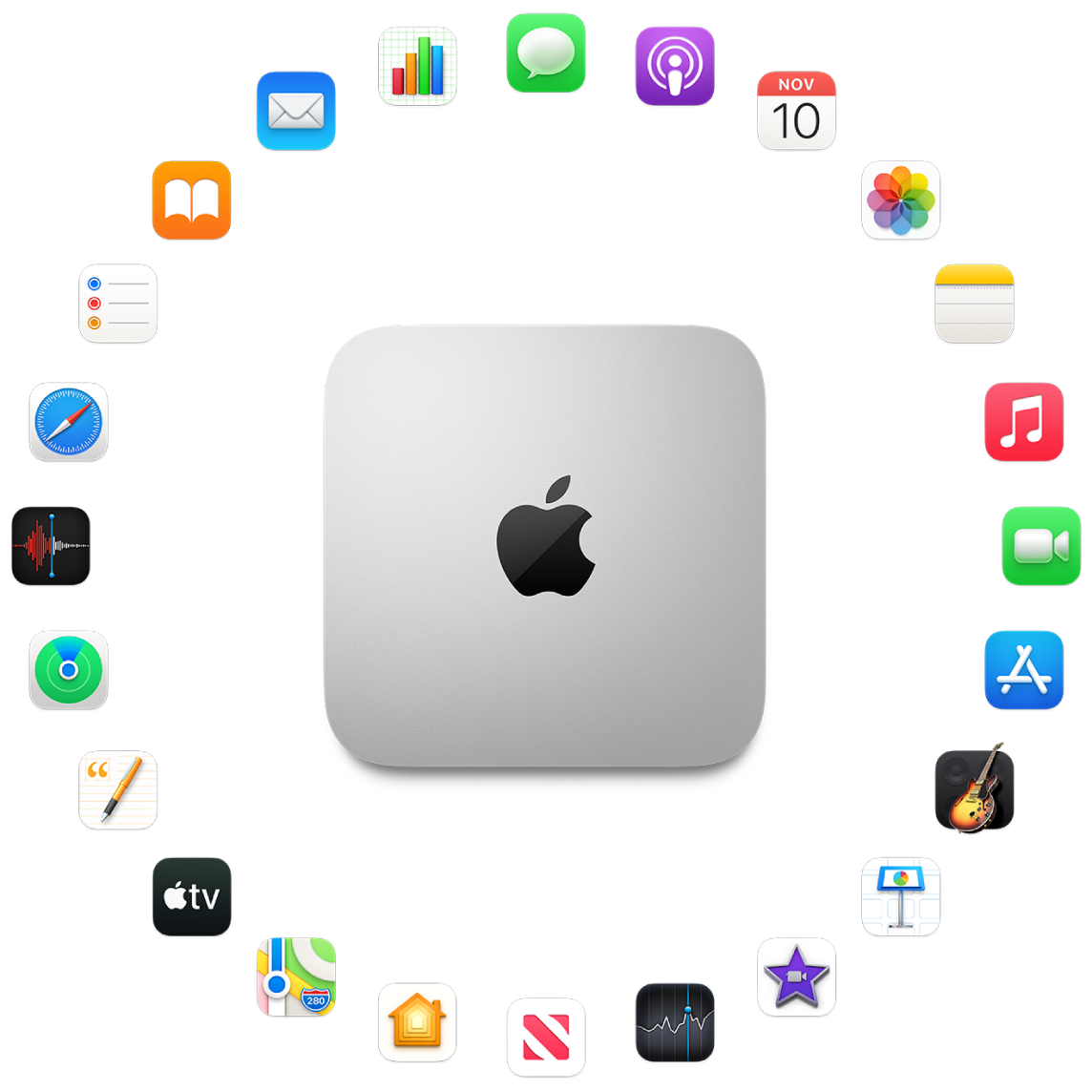 Ein Mac mini, der von den Symbolen für die Apps umgeben ist, die installiert sind und in den folgenden Abschnitten beschrieben werden.