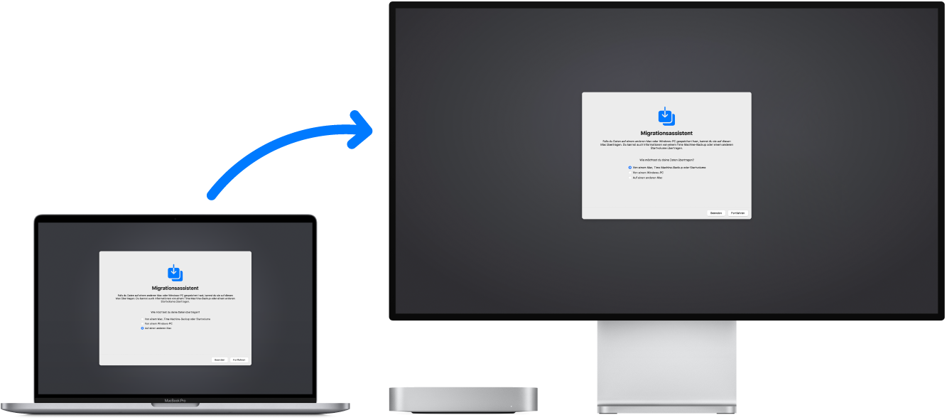 Ein MacBook (alter Computer) mit dem Fenster des Migrationsassistenten, der mit einem Mac mini (neuer Computer) verbunden ist, auf dem ebenfalls der Migrationsassistent angezeigt wird.