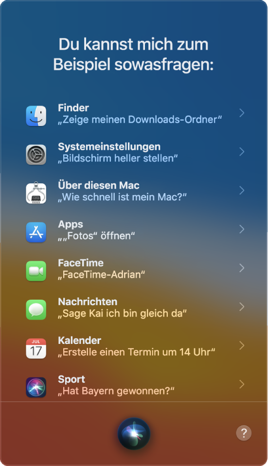 Ein Siri-Fenster mit der Überschrift „Dinge, die du mich fragen kannst“ und Siri-Beispielanfragen wie „Hat Bayern gewonnen?“