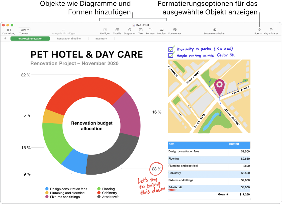 Ein Numbers-Fenster mit Symbolleiste und Bearbeitungswerkzeugen oben, der Taste „Zusammenarbeiten“ oben rechts und den Tasten „Format“ und „Organisieren“ rechts. Der Tab „Diagramme“ ist in der Seitenleiste „Format“ geöffnet.