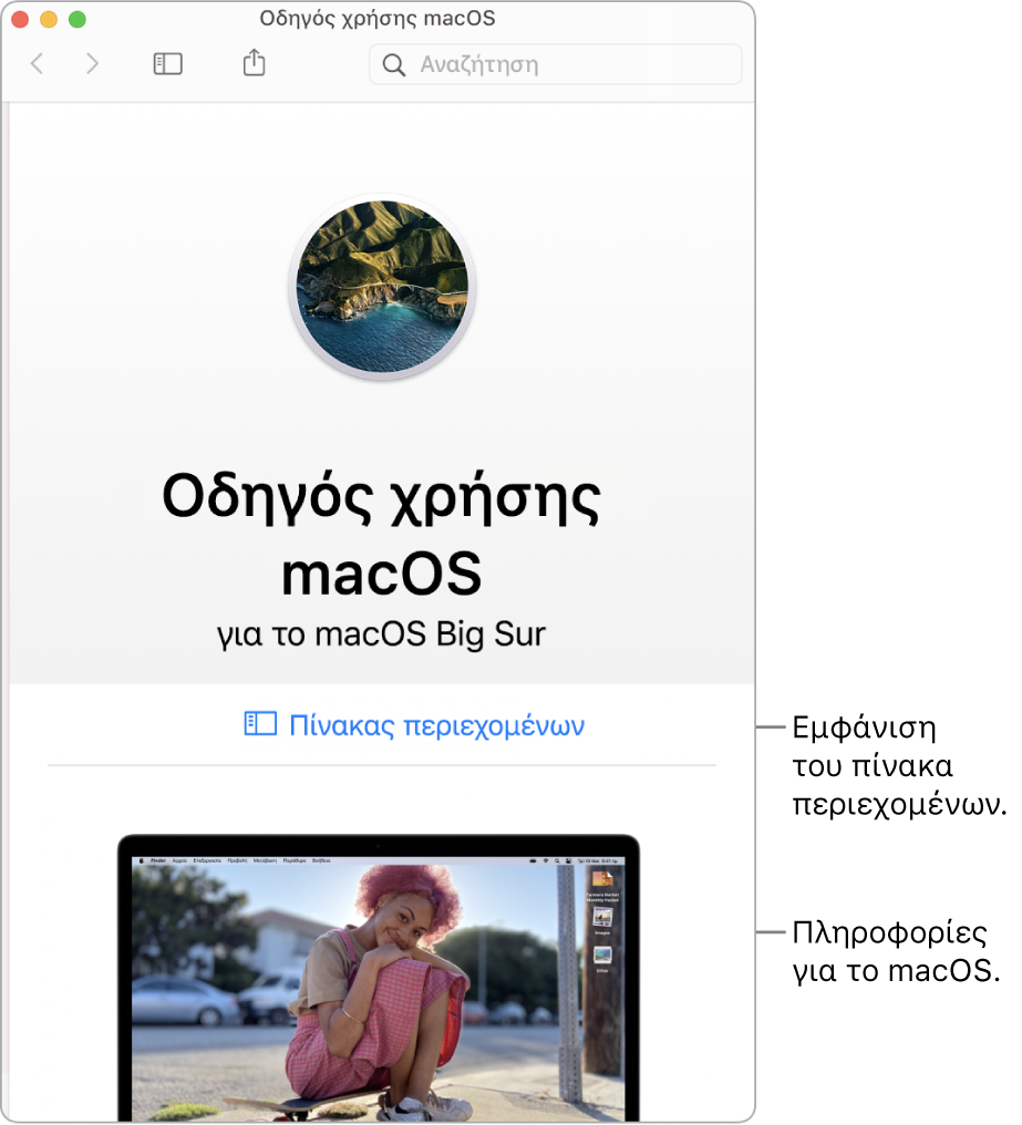 Η σελίδα καλωσορίσματος του Οδηγού χρήσης του macOS όπου φαίνεται ο σύνδεσμος «Πίνακας περιεχομένων».