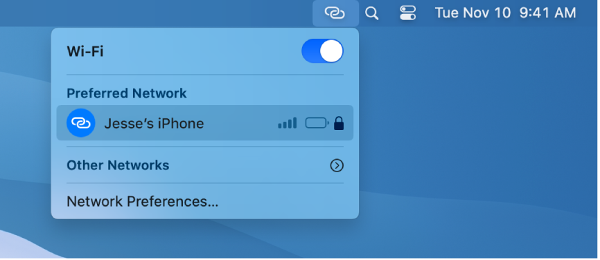 A Mac screen with the Wi-Fi menu showing a Personal Hotspot connected to an iPhone.