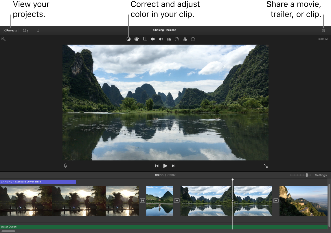 An iMovie window showing the buttons for viewing projects, correcting and adjusting color, and sharing your movie, trailer, or film clip.