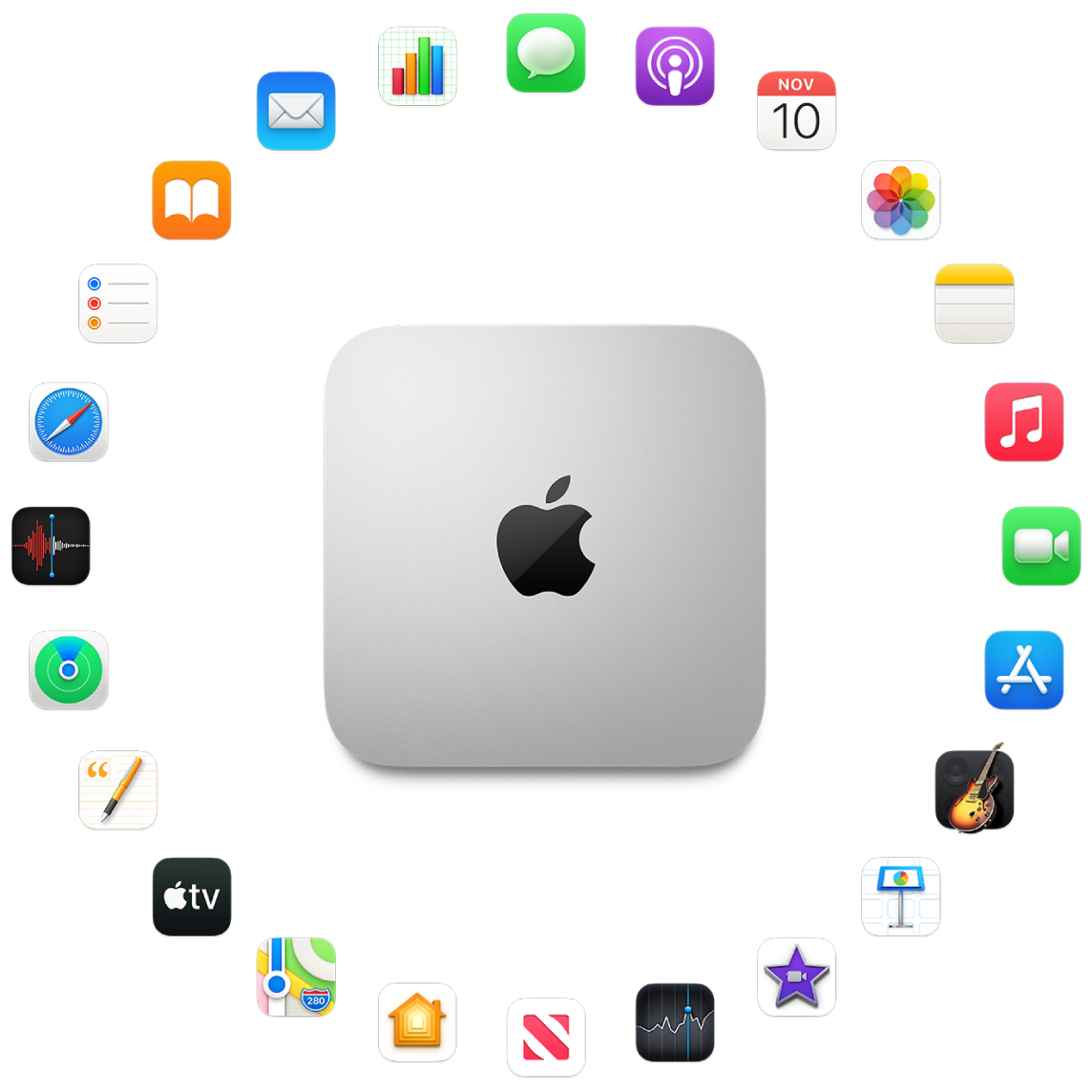 A Mac mini surrounded by the icons for the built-in apps described in the following sections.