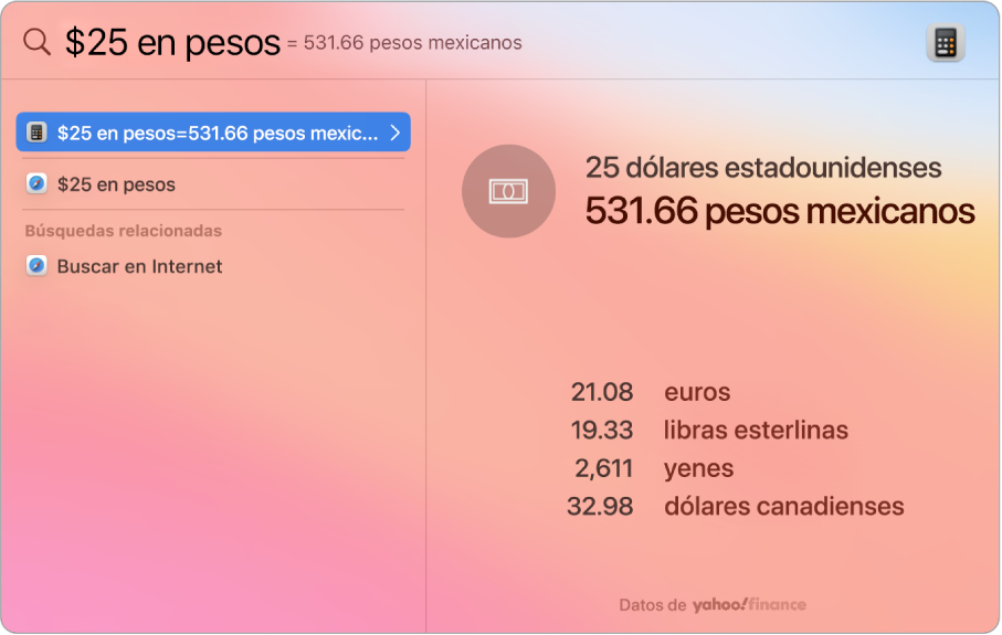 Una captura de pantalla mostrando la conversión de dólares a pesos, un resultado mostrando la conversión y varios resultados más que se pueden seleccionar.