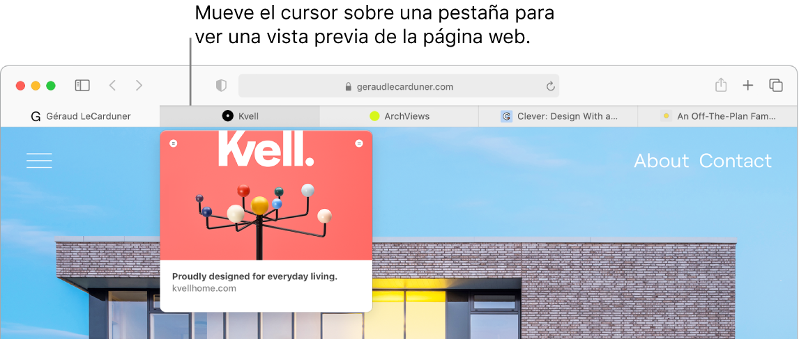 Una ventana de Safari mostrando cinco pestañas con favicons así como la etiqueta de la pestaña. Debajo de una pestaña hay una ventana de vista previa mostrando el contenido de la pestaña.