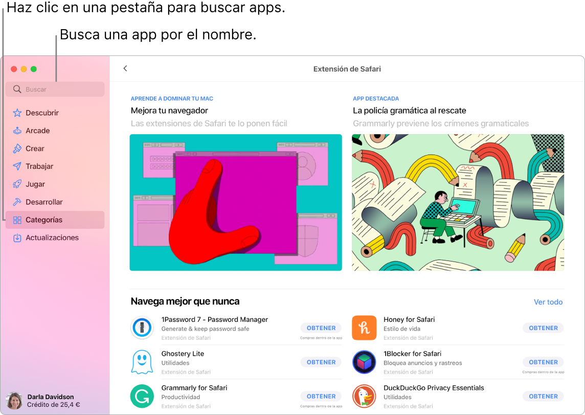 Ventana de App Store que muestra un campo de búsqueda y una página de extensiones de Safari.