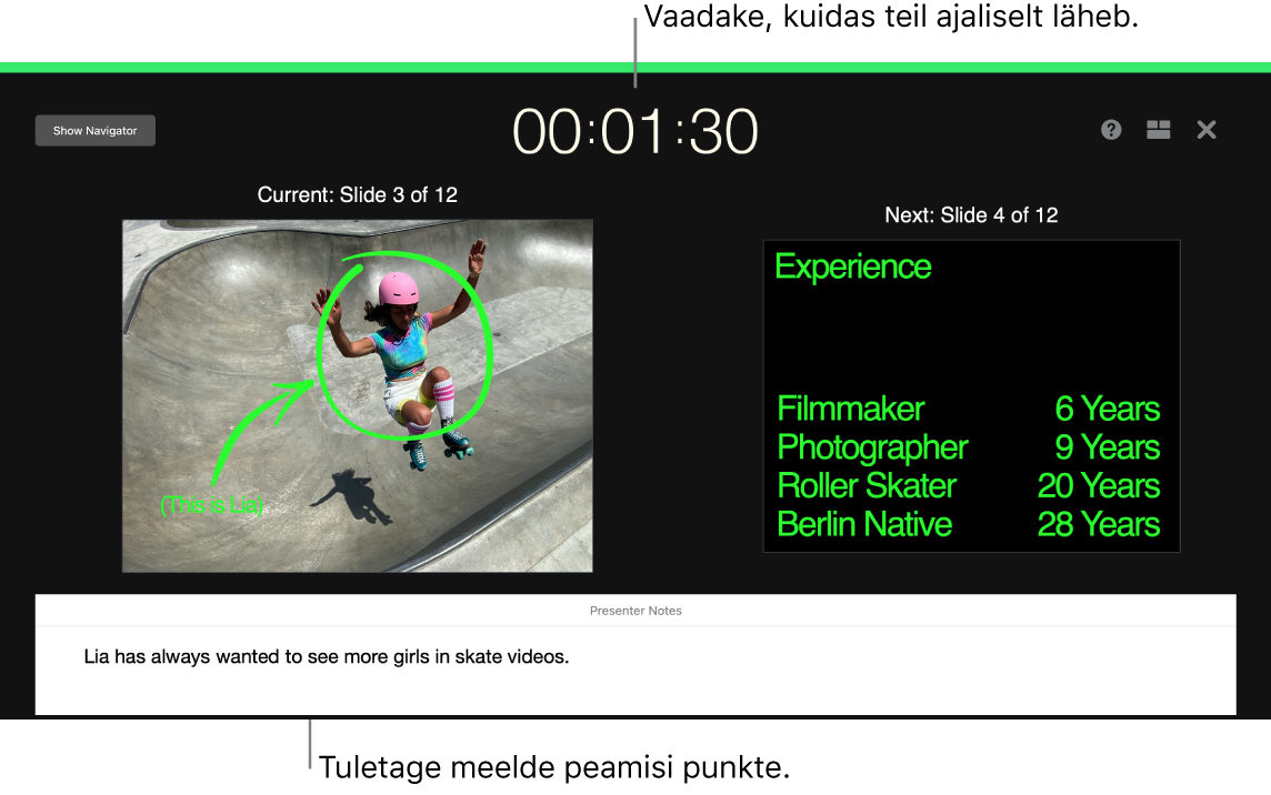 Keynote'i aknas kuvatakse funktsiooni Rehearse Slideshow.