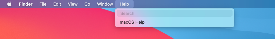 Työpöydän osa, jossa on Ohje-valikko avoinna ja jossa näkyvät Etsi- ja macOS-ohje-valikkokohdat.