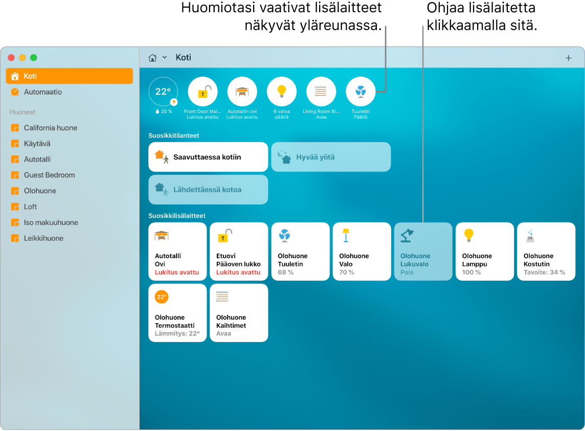 Koti-appi, jossa ovat suosikkitilanteet ja suosikkilisävarusteet.