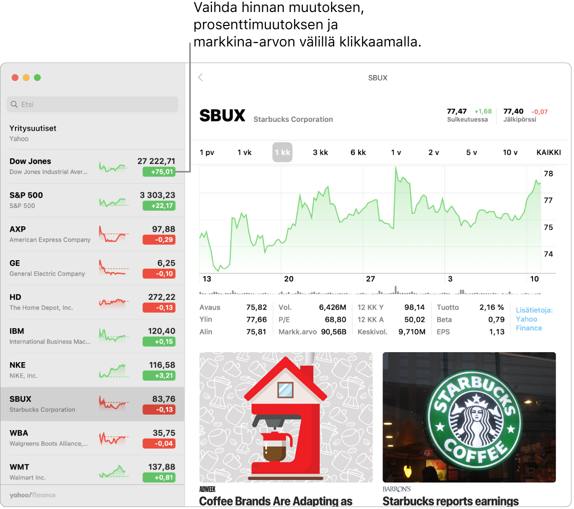 Pörssi-näyttö, jossa näkyy tietoja ja artikkeleita valitusta osakkeesta.