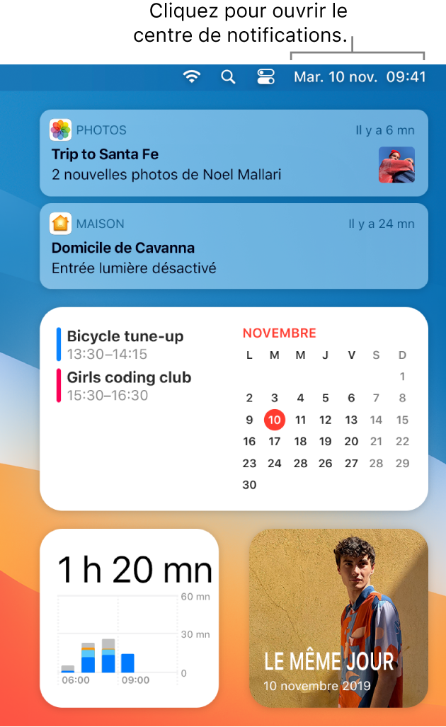 Un écran partiel du bureau affichant le Centre de notifications ouvert avec l’onglet Aujourd’hui sélectionné.