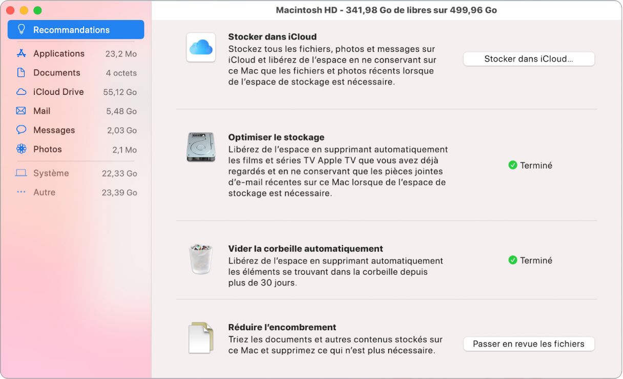 Les préférences Recommandations pour le stockage, présentant les options Stocker dans iCloud, Optimiser le stockage, Vider la corbeille automatiquement et Réduire l’encombrement.