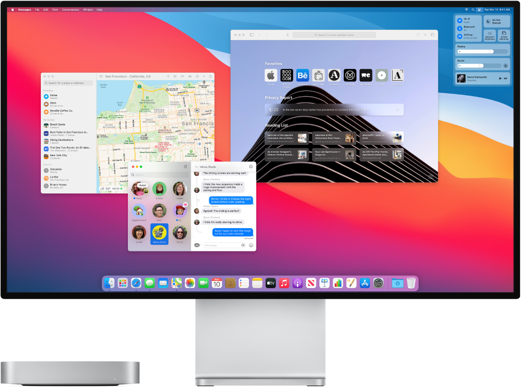 מחשב Mac mini המחובר לצג, כאשר במכתבה מוצגים ״מרכז הבקרה״ וכמה יישומים פתוחים.