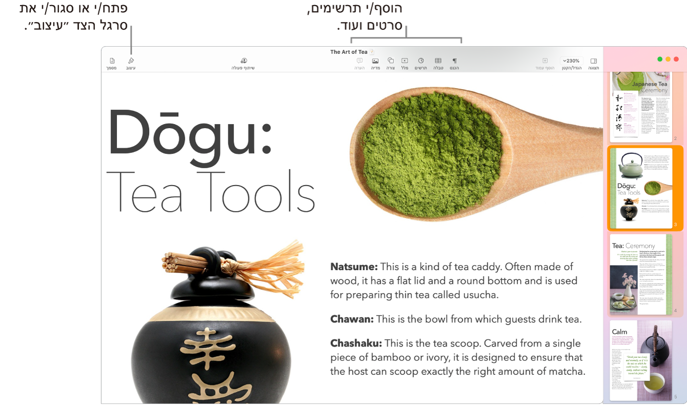 חלון של Pages המציג תמונות ממוזערות של העמודים הפתוחים בסרגל הצד משמאל, סרגל הכלים וכלי העריכה בחלק העליון, הכפתור ״שתף פעולה״ בסמוך לפינה הימנית העליונה והכפתורים “עיצוב״ ו”מסמך” מימין.