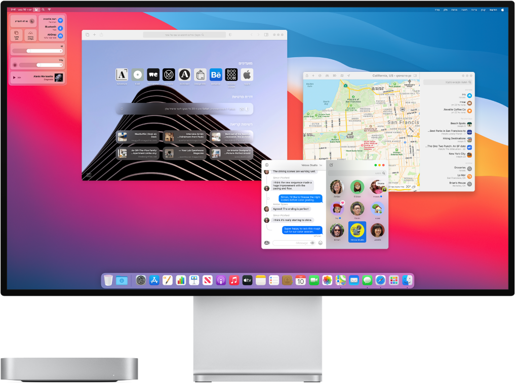 מחשב Mac mini המחובר לצג, כאשר במכתבה מוצגים ״מרכז הבקרה״ וכמה יישומים פתוחים.