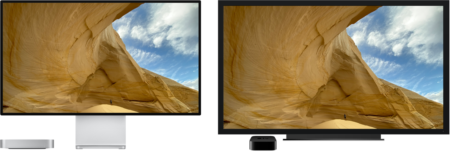 ‏Mac mini שהתוכן שלו משוקף על מסך HDTV גדול באמצעות Apple TV.