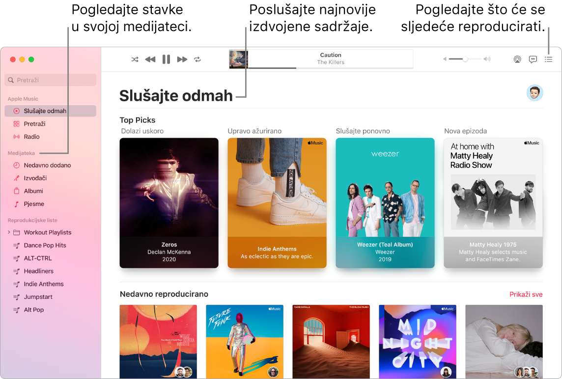 Prozor aplikacije Glazba prikazuje načine prikaza medijateke, slušanja Apple Musica i pregledavanja sljedećeg za reproduciranje.