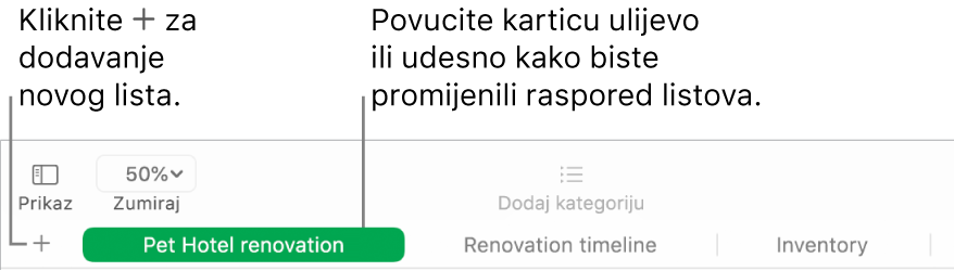 Prozor aplikacije Numbers prikazuje način za dodavanje novog lista i za razvrstavanje listova.