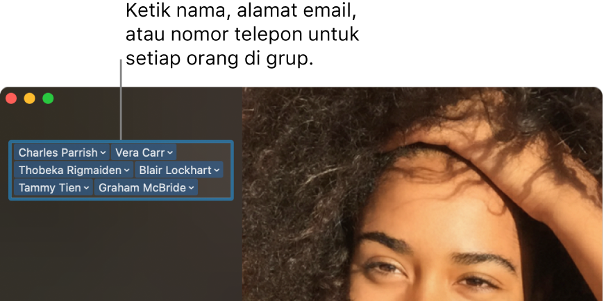 Jendela FaceTime menampilkan cara melakukan panggilan video atau audio, menggunakan bidang pencarian untuk memasukkan atau mencari detail kontak, dan melihat daftar panggilan terbaru.