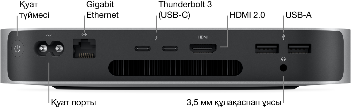 Қуат түймесін, қуат портын, Gigabit Ethernet портын, екі Thunderbolt 3 (USB-C) портын, HDMI портын, екі USB-A портын және 3,5 мм құлақаспап ұясын көрсетіп тұрған Apple M1 чипі бар Mac mini компьютерінің арты.