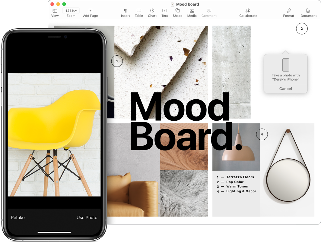 „iPhone“, kuriame rodoma nuotrauka, ir „Mac“ ekranas, kuriame rodomas „Pages“ dokumentas su paraginimo langeliu, kuriame bus patalpintas nuotraukos vaizdas.
