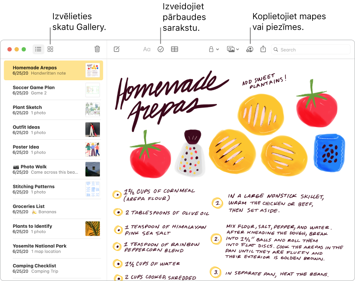 Lietotnes Notes logs skatā Gallery ar remarkām pie pogām Gallery View, Checklist un Share Folder.