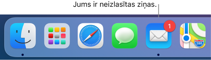 Joslas Dock daļa, kurā redzama lietotnes Mail ikona ar emblēmu, kas norāda nelasīto ziņojumu skaitu.