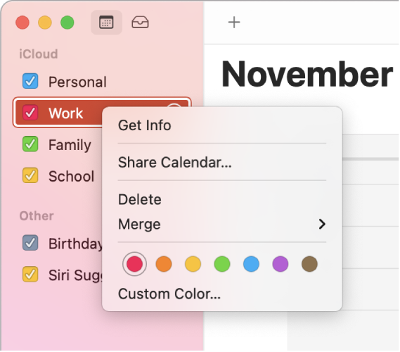 Kalender-snarveismenyen med alternativer for å endre fargen for en kalender.