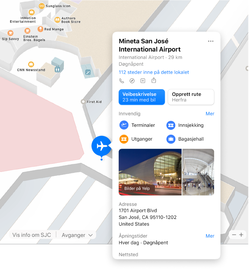 Et kart av innsiden av en flyplass, med informasjon om flyplassen, inkludert veibeskrivelser, restauranter, butikker og mye mer.