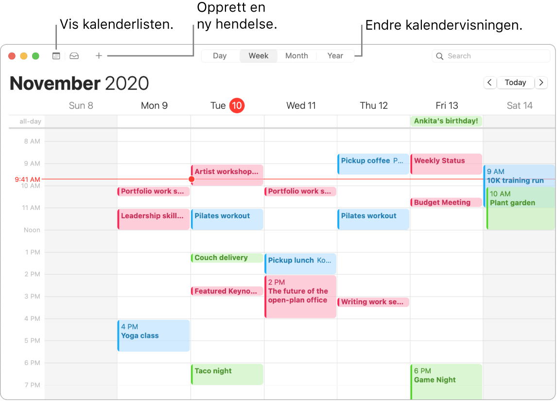 Et Kalender-vindu som viser hvordan du oppretter en hendelse, viser kalenderlisten og velger dag-, ukes-, måneds- eller årsvisning.