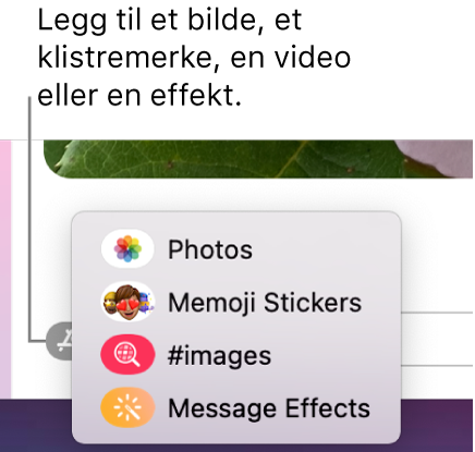 Programmenyen, med valg for å vise bilder, Memoji-klistremerker, GIF-er og meldingseffekter.