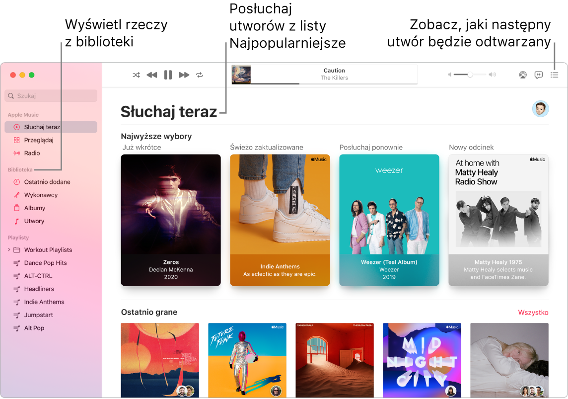 Okno aplikacji Muzyka pokazujące sposób wyświetlania biblioteki, słuchania Apple Music oraz wyświetlania utworów odtwarzanych w następnej kolejności.