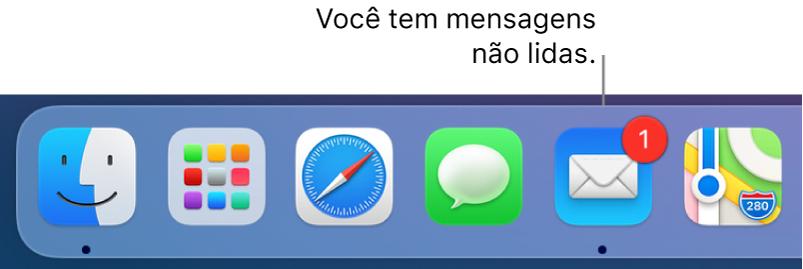 Seção do Dock exibindo o ícone do app Mail, com um aviso indicando o número de mensagens não lidas.