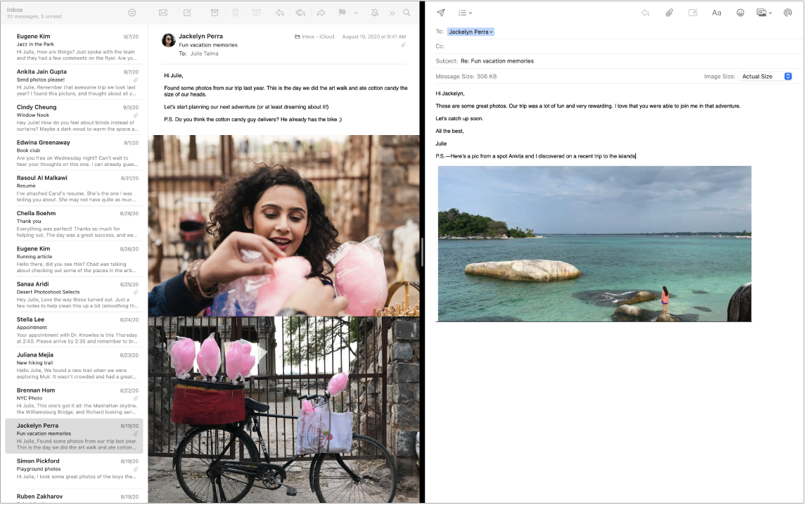 Uma janela do Mail em tela dividida, mostrando duas mensagens lado a lado.