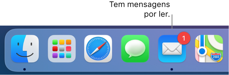 Uma secção da Dock a mostrar o ícone da aplicação Mail com um emblema, a indicar o número de mensagens não lidas.