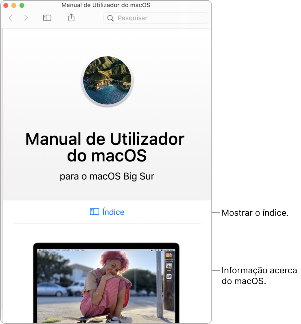 A página de introdução ao Manual do Utilizador do macOS a mostrar a hiperligação “Índice”.