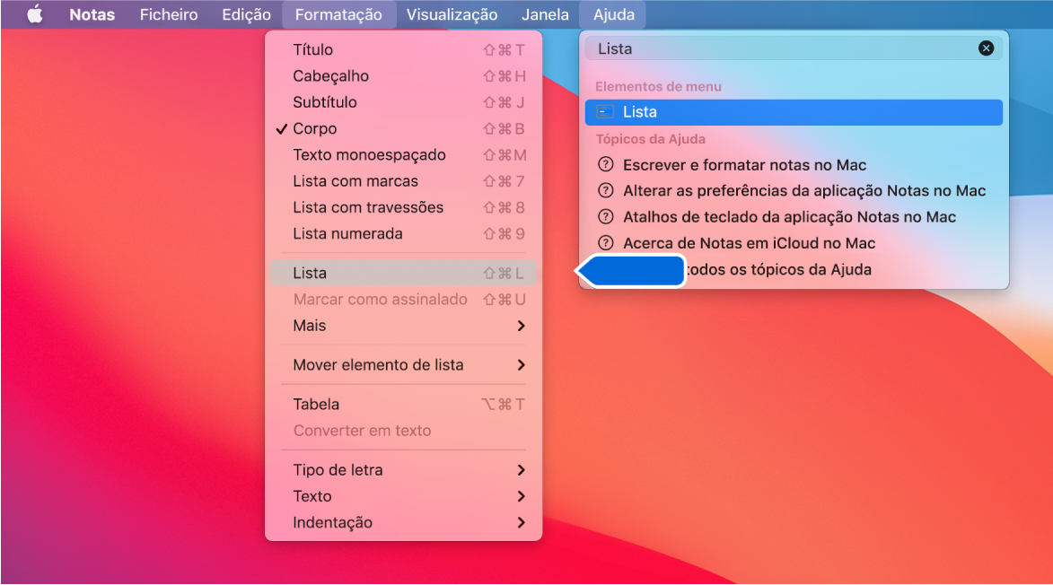 O menu Ajuda a mostrar uma pesquisa por “lista” com o comando “Lista com marcas” realçado na lista de resultados e no menu Formatação.