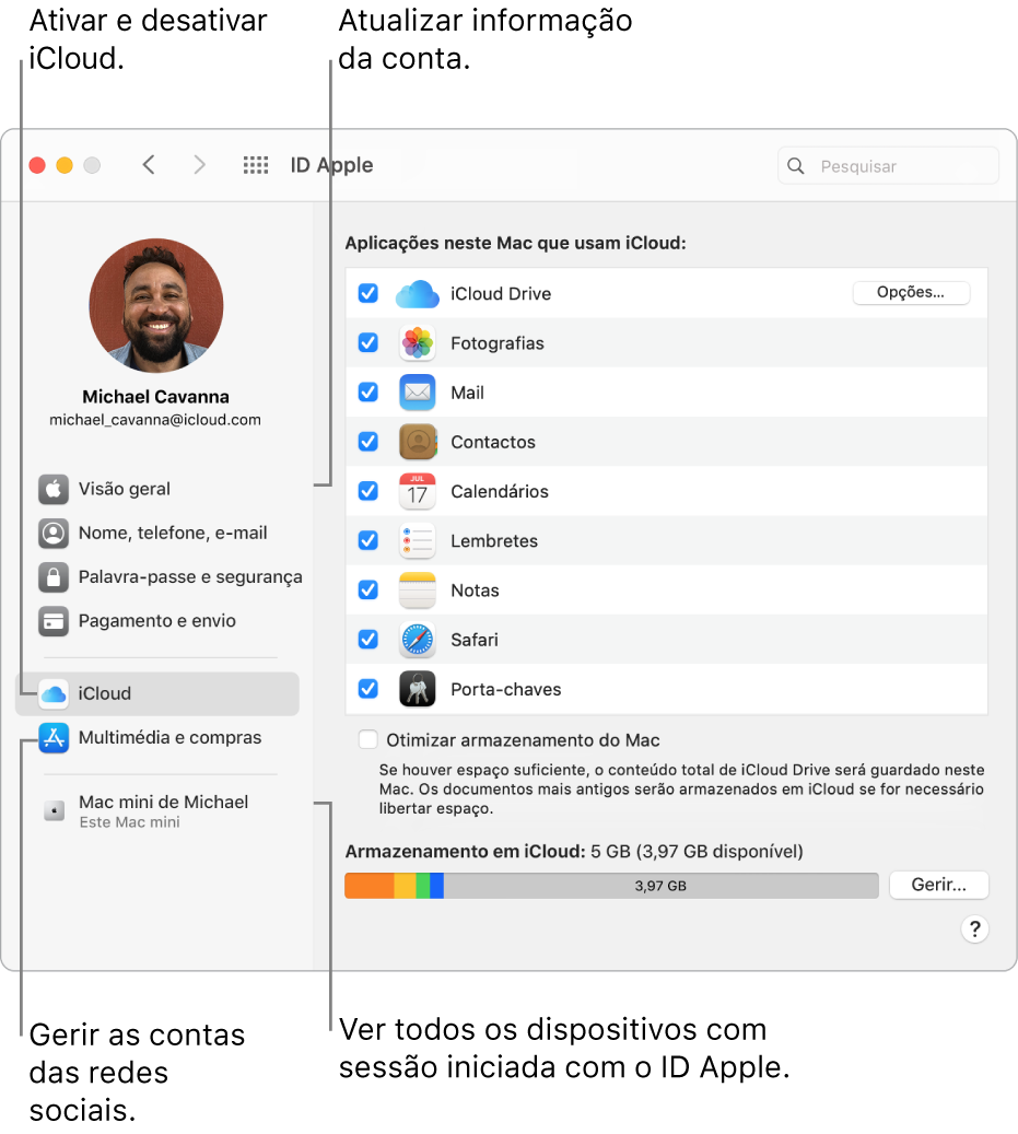 O painel ID Apple nas Preferências do Sistema. Clique num elemento na barra lateral para atualizar as informações da conta, ativar ou desativar iCloud, gerir contas multimédia e ver todos os dispositivos com sessão iniciada com o seu ID Apple.