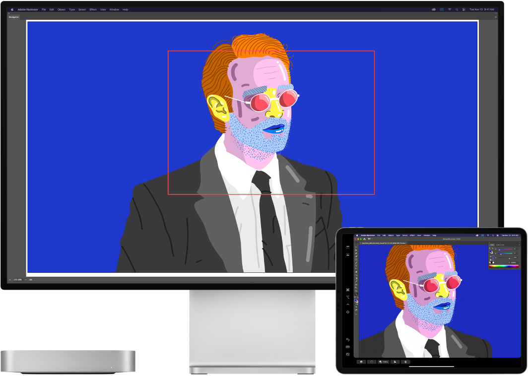 Um Mac mini e um iPad lado a lado. O Mac mini mostra uma imagem artística na janela do navegador do Illustrator. O iPad mostra a mesma imagem artística na janela do documento Illustrator, rodeada de barras de ferramentas.