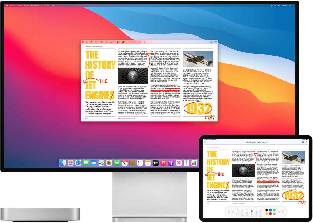 Um Mac mini e um iPad lado a lado. Ambos os ecrãs mostram um artigo coberto de edições a vermelho, como frases rasuradas, setas e palavras adicionadas. O iPad também tem controlos de marcação na parte inferior do ecrã.